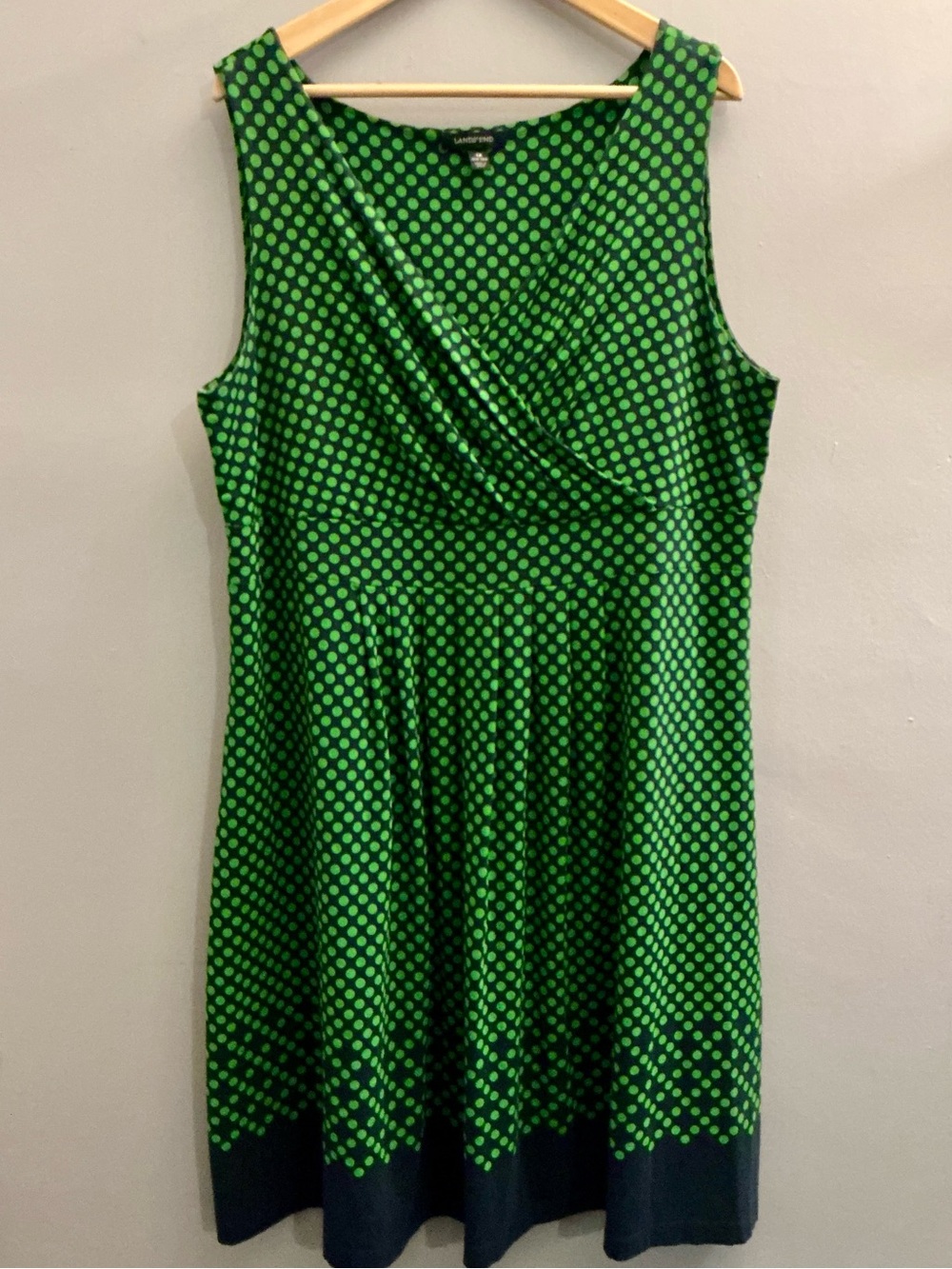 Lands’ End 1X Navy Green Polka Dot Sleeveless Fit and Flare Dress